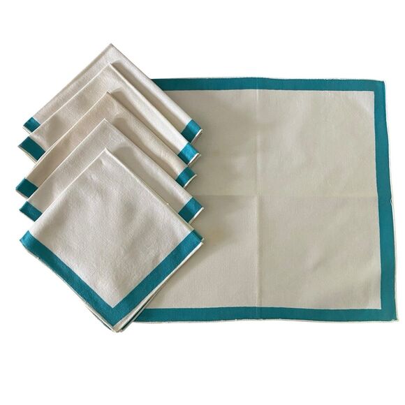 Lot of 6 Cloth Napkins Ivory Blue Stripe 14" x 13.25" Cotton Dining Vintage - Picture 1 of 4